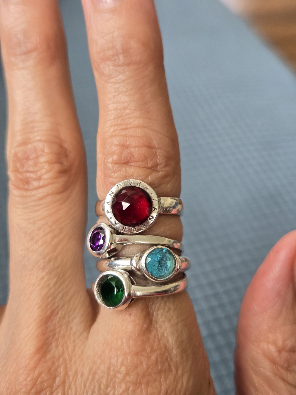 Sterling Silver Multi-Gemstone Stacking Rings - Red, Purple, Blue, Green